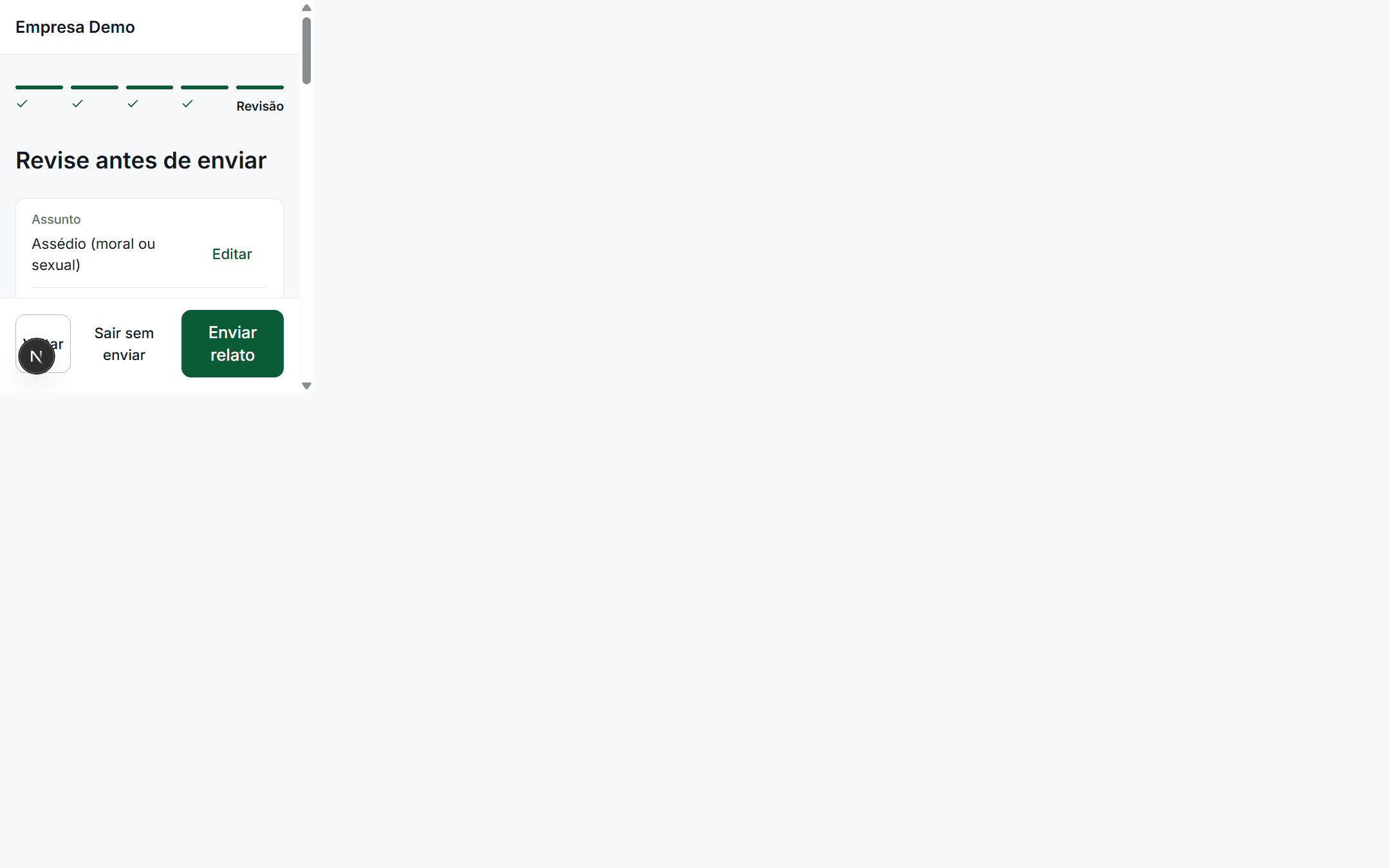Tela de revisão do relato antes do envio, com orientações de anonimato